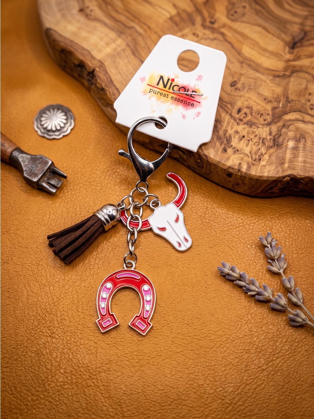Nicole Western Horseshoe Bull Skull Tassel Keychain Bag Charm New
